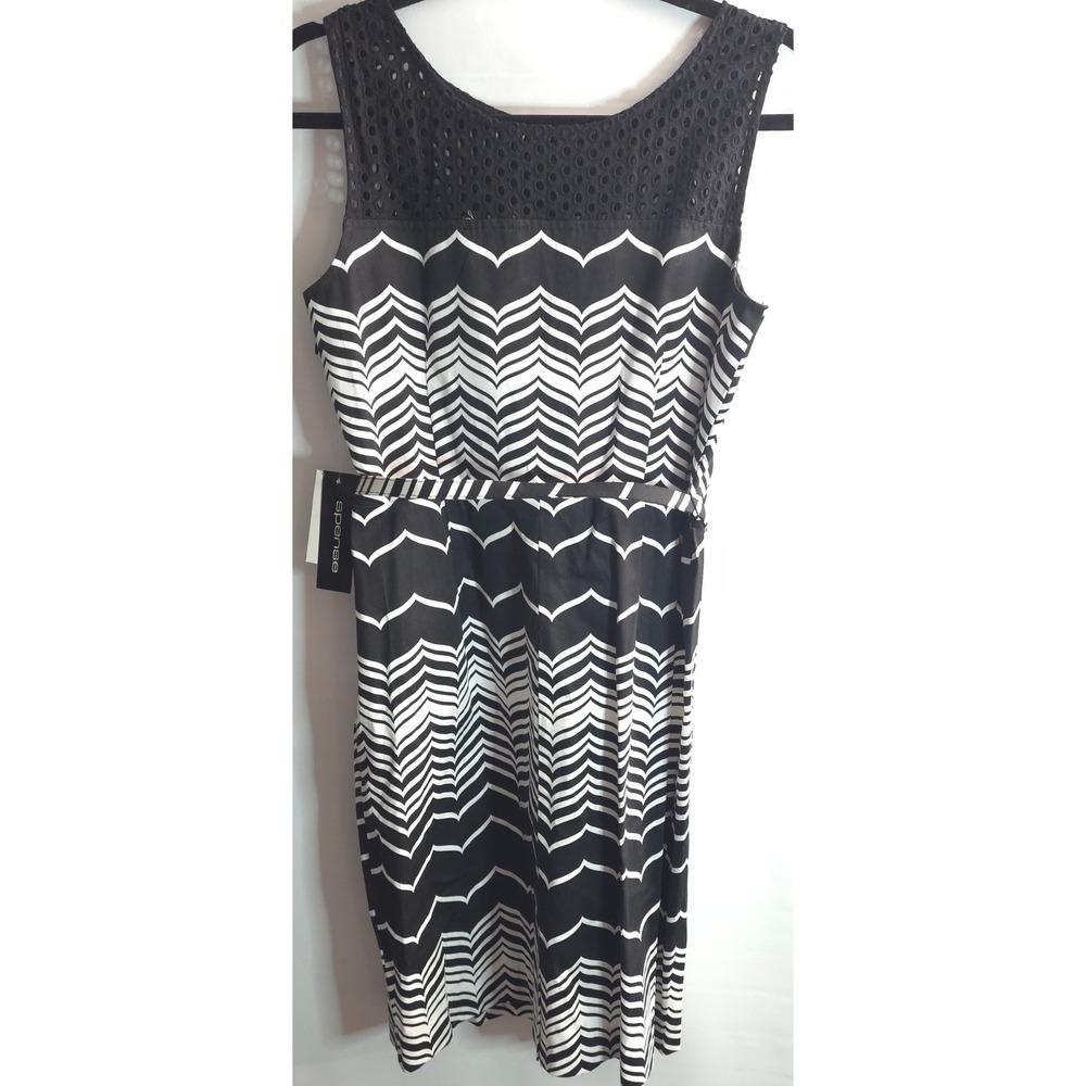 New Spense‎ Dress Size 8 Black White Chevron Mesh Neck Sleeveless Belted Sheath